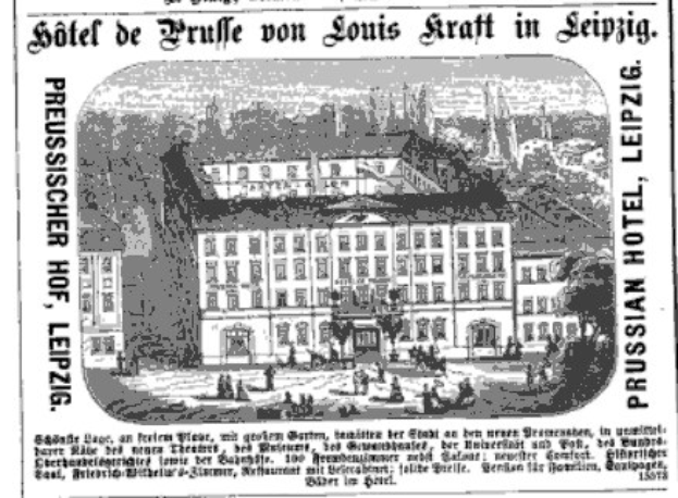 Schwarze und weiße Anzeige für ein Leipziger Hotel, das sein Äußeres, umliegende Bäume und Menschen zeigt, mit beschreibendem Text.