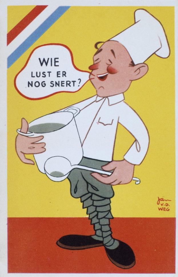 Ein Cartoon-Koch in weißer Uniform und Mütze hält einen Topf und einen Löffel in der Hand und steht in einer Küche mit Herd und Spüle im Hintergrund, strahlend fröhlich.