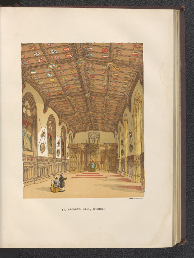 Offenes Buch mit detaillierter Illustration des Inneren von St. Georgs Halle in Windsor, England, mit sichtbaren Menschen, Wänden und Decke, auf schwarzem Hintergrund