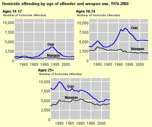 Grafik, die die Homicid-Offending-Rates nach Alter des Täters und Waffengebrauch von 1976 bis 2004 zeigt, mit begleitendem erklärendem Text.