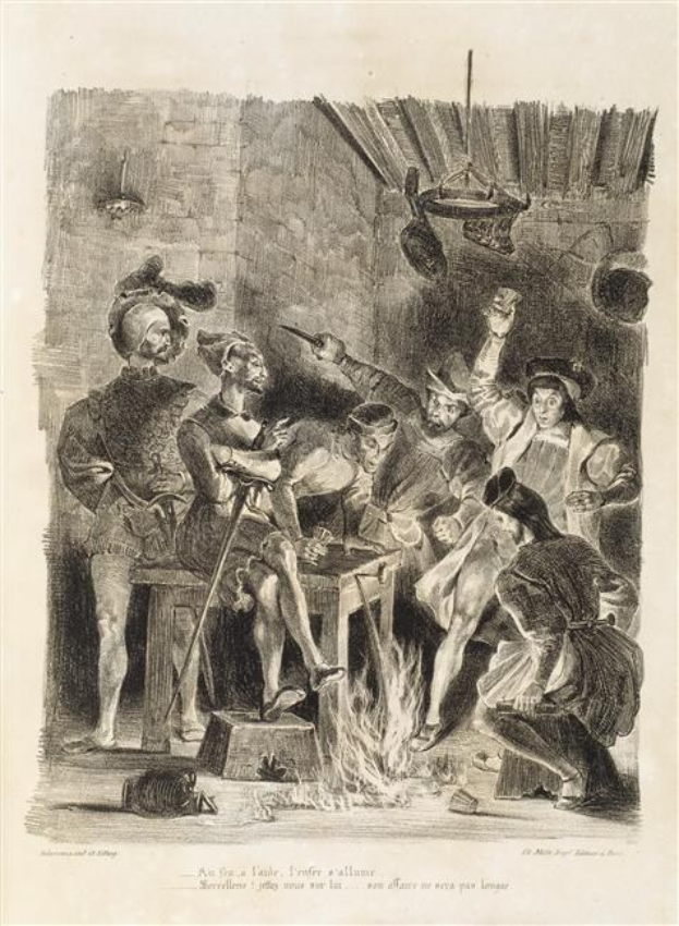 Schwarz-weißes Gravurabbild einer Gruppe verzweifelter Menschen um ein Feuer mit einer Wand im Hintergrund, betitelt "Der Tod des Königs von England" unten.