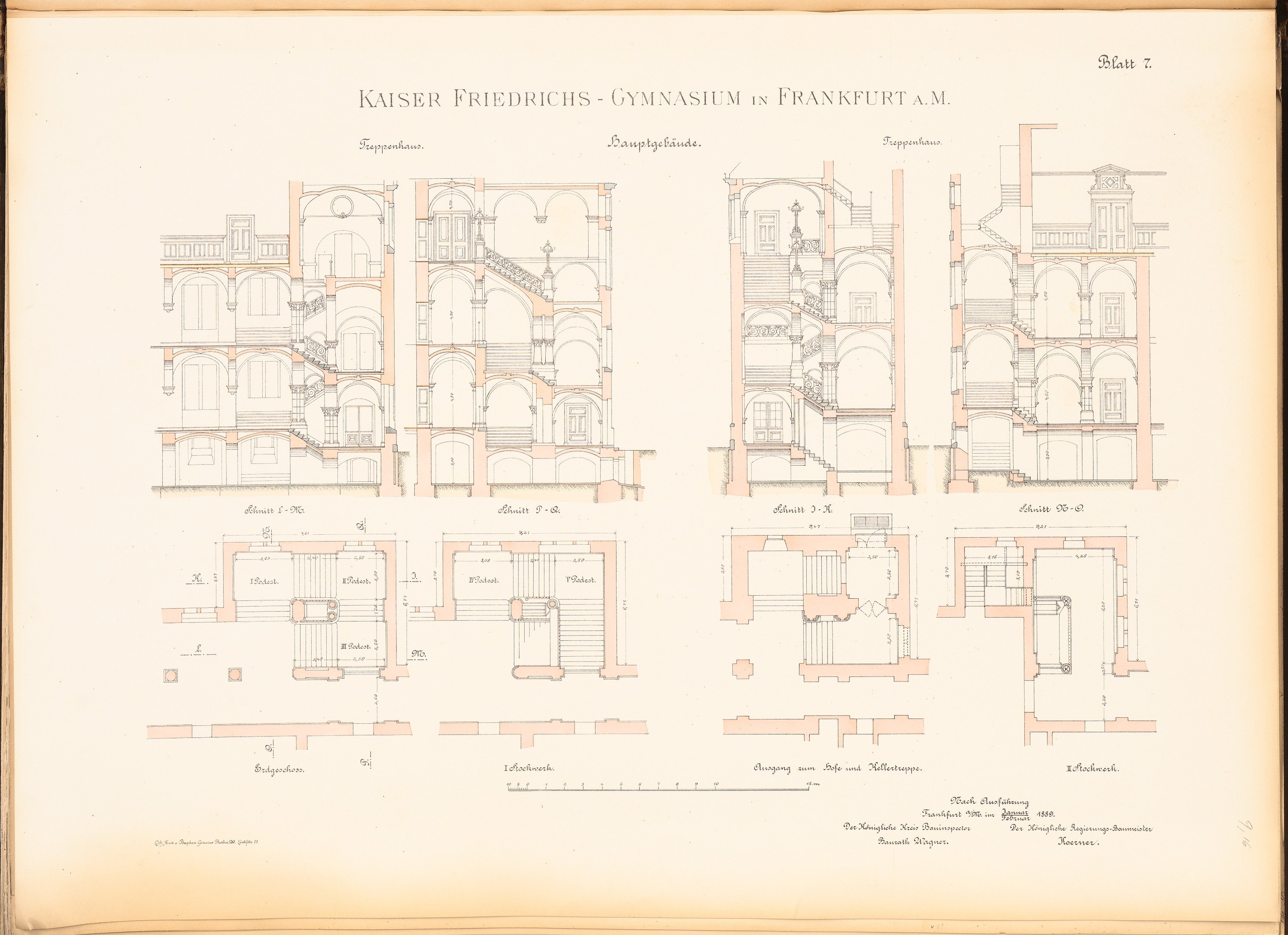 Alte Buchumschlagabbildung mit detaillierter architektonischer Zeichnung der Kaiser-Friedrichs-Gymnasium in Frankfurt, Deutschland, mit sichtbarem Text und Raumaufteilungen.