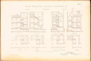 Alte Buchumschlagabbildung mit detaillierter architektonischer Zeichnung der Kaiser-Friedrichs-Gymnasium in Frankfurt, Deutschland, mit sichtbarem Text und Raumaufteilungen.