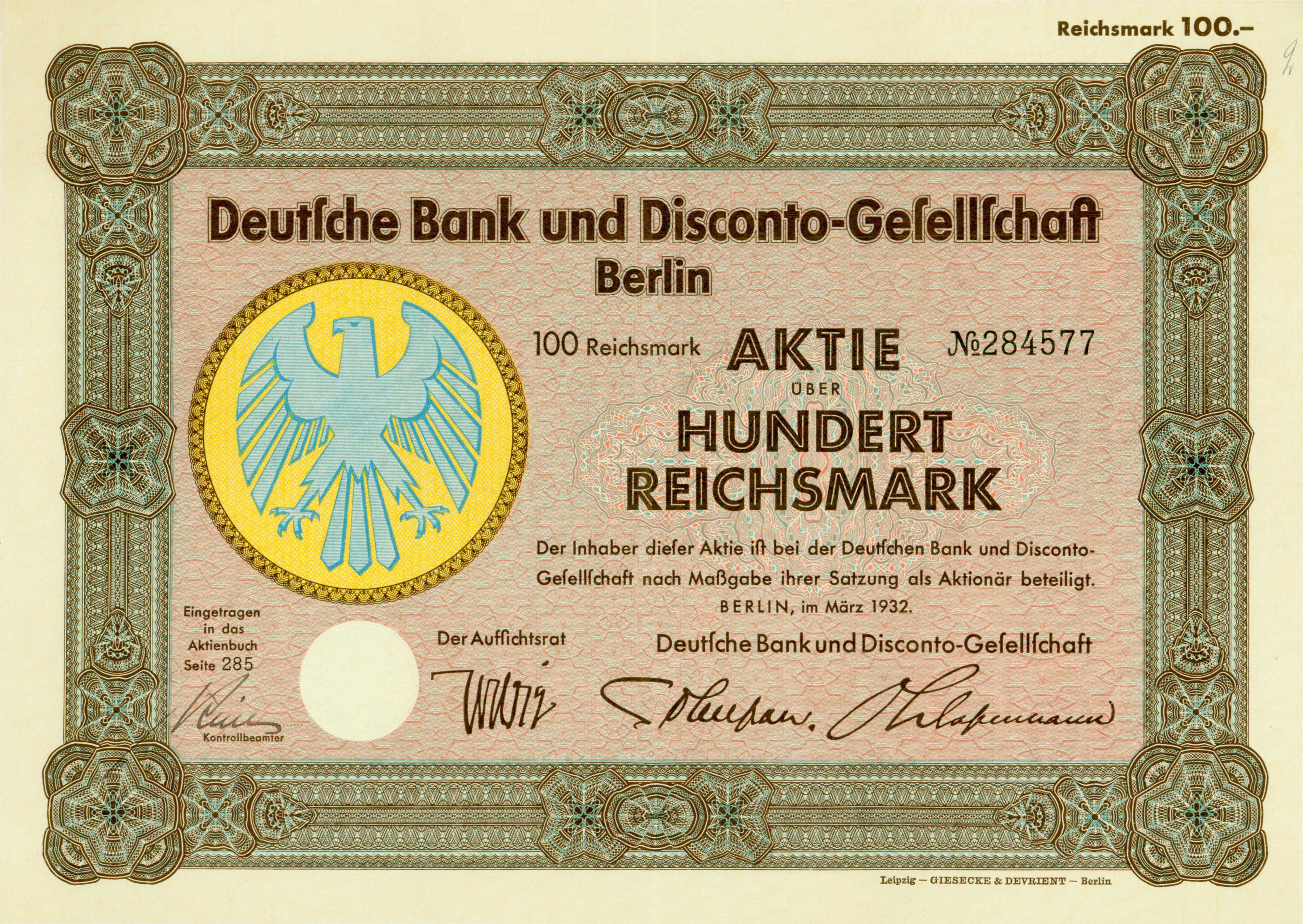 Eine alte deutsche Banknote mit einer Vogeldarstellung und der Aufschrift "Deutsche Bank und Disconto-Gesellschaf Berlin".