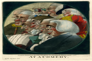 Eine Gruppe von Menschen, die in einem Kreis bei einem Comedy-Event lachen, einer h├Ąlt ein Blatt Papier.