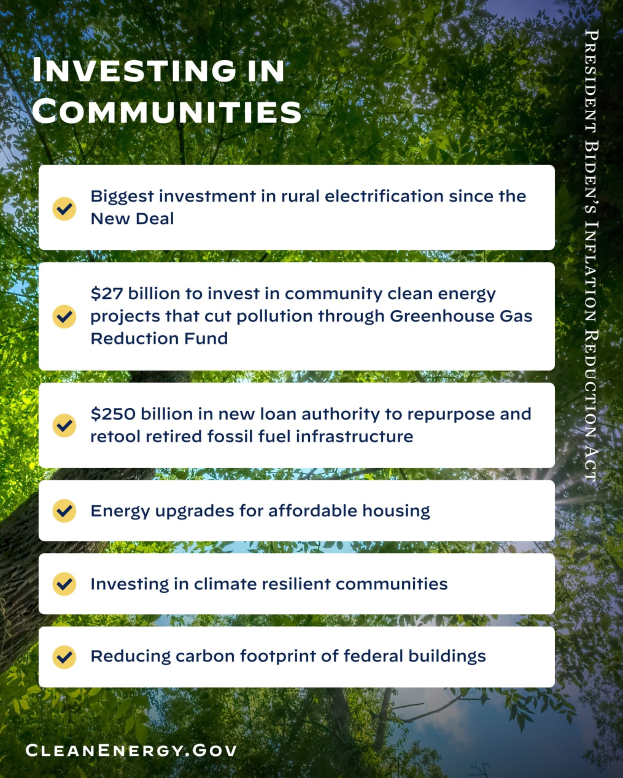 Plakat mit Baum- und Himmel-Hintergrund, das den Text "Investing in Communities: Größte Investition in ländliche Elektrizität seit dem New Deal" zeigt.