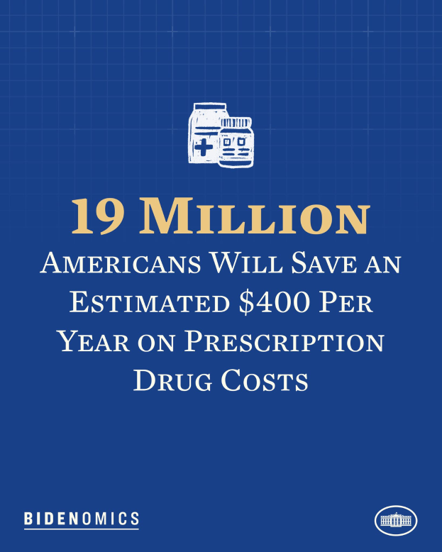 Ein blauer Hintergrund mit weißer Schrift und einem Logo, das "19 Millionen Amerikaner sparen jährlich durchschnittlich 400 Dollar bei Arzneimittelkosten" lautet.