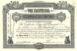 Elektrischer Akkumulator-Unternehmensaktien-Schein mit detaillierten Designs, Text 'The Electrical Accumulator Company' und numerischen Details.