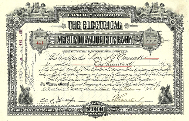 Elektrischer Akkumulator-Unternehmensaktien-Schein mit detaillierten Designs, Text 'The Electrical Accumulator Company' und numerischen Details.