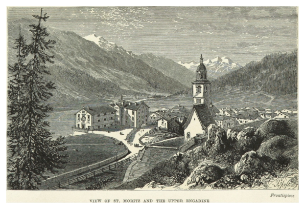 Luftaufnahme von St. Moritz und dem Oberengadin mit Gebäuden, Bäumen und schneebedeckten Bergen im Hintergrund sowie Text unten.