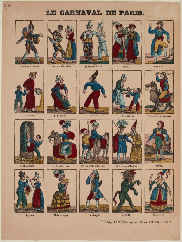 Ein Zeitungsartikel mit leuchtenden, detaillierten Bildern von Menschen in bunten Karneval von Paris Kostümen, einschließlich gefiederter und aufwändiger Kopfschmuck, mit fetter Schrift.