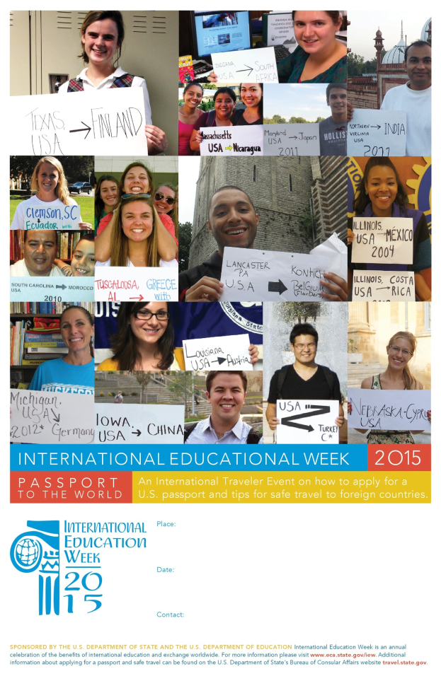 Plakat für die International Education Week 2015, das eine Gruppe von Menschen mit Schildern zeigt.