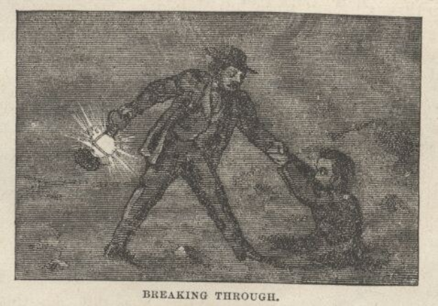 Ein aufgebrachter Mann im Anzug und Hut hält die Hand eines Kindes, scheint sich loszureißen und schaut mit weit aufgerissenen Augen und offenem Mund, während das Kind ängstlich nach oben schaut.