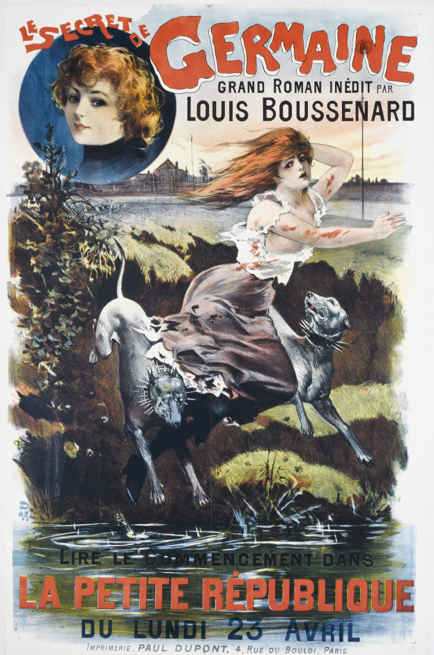 Französischer Filmplakat für "Das Geheimnis Deutschlands" mit einer Frau umgeben von Tieren, Pflanzen und Wasser mit Text.