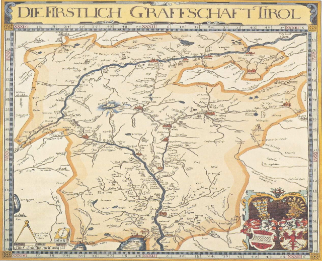 Ein detailliertes historisches Plakat der ersten Grafschaft Tirol, das eine Karte mit geografischen Merkmalen wie Flüssen, Bergen und Städten zeigt, begleitet von erklärendem Text.