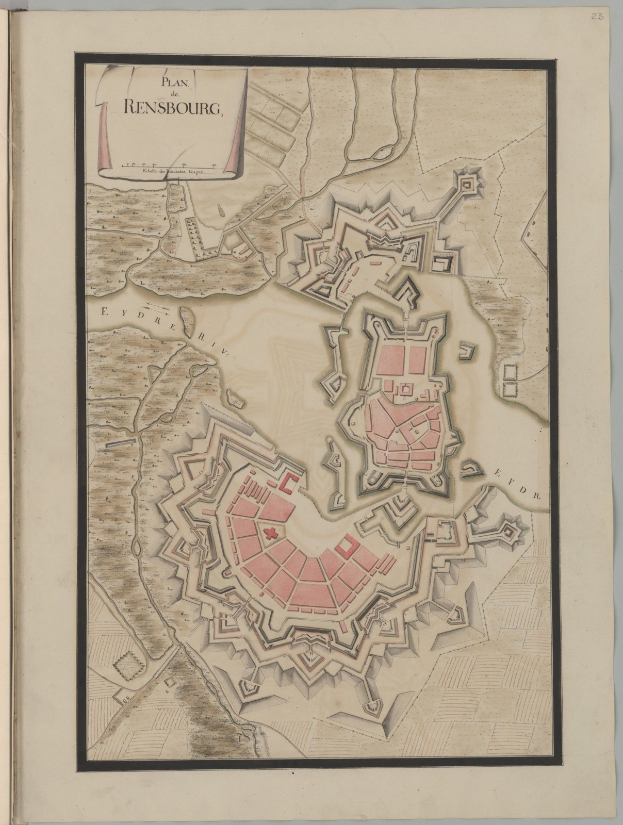 Ein altes Buch mit einer detaillierten Karte von Rensburg, Deutschland, mit Stra├čen, Geb├Ąuden und Landmarken sowie Text ├╝ber die Bev├Âlkerung, Geschichte und Kultur der Stadt.
