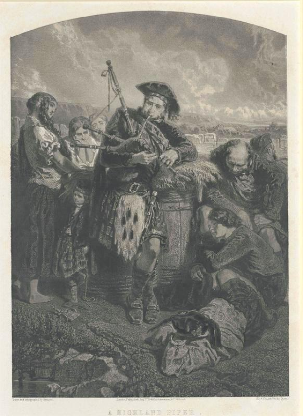 Schwarze und weiße Gravur eines Mannes, der eine Dudelsackpfeife vor einer Gruppe von Menschen unter einem bewölkten Himmel spielt, mit dem Text "Ein Highland-Pfeifen" unten.