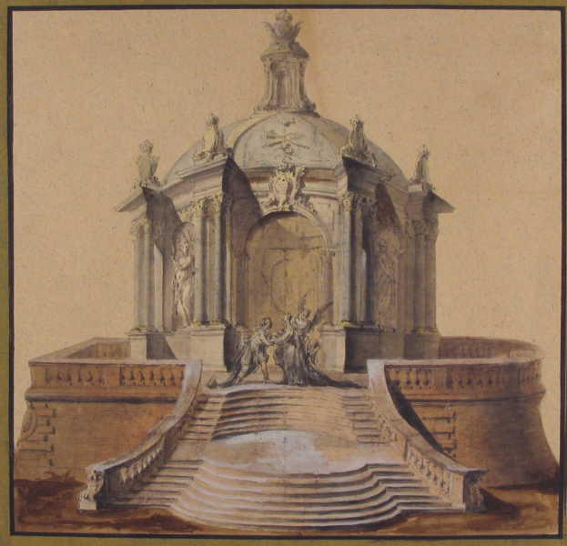 Ein gerahmtes Bild einer klassisch anmutenden Brunnenzeichnung mit einer Statue darauf, umgeben von Treppen und weiteren Skulpturen.