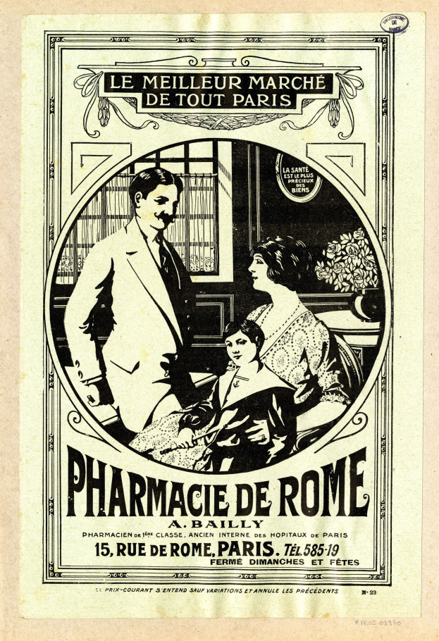 Schwarz-weiß-Anzeige für eine Apotheke in Rom mit einem Mann und einer Frau nebeneinanderstehend und Text, der die Apotheke und ihre Dienstleistungen beschreibt.