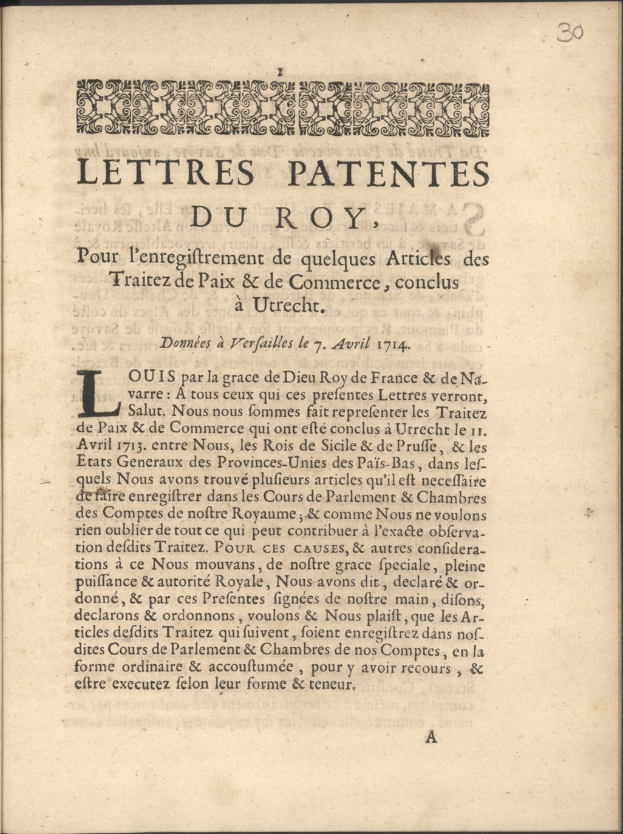 Offenes Buch mit dem Titel 'Letters Patentes du Roy' und fettem Text sowie einem komplexen Design auf der sichtbaren Seite.