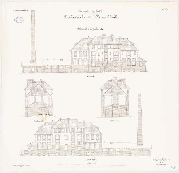 Eine Zeichnung eines mehrstöckigen Gebäudes mit zahlreichen Fenstern und einem Schornstein, das als psychiatrische Klinik in Deutschland identifiziert wird, begleitet von handgeschriebenem Text auf demselben Papier.