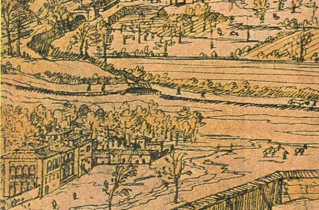 Ein detailliertes Stadtbild mit einer gewundenen Flusslauf, umgeben von grünen Bäumen und hohen Gebäuden, das eine friedliche Atmosphäre vermittelt.