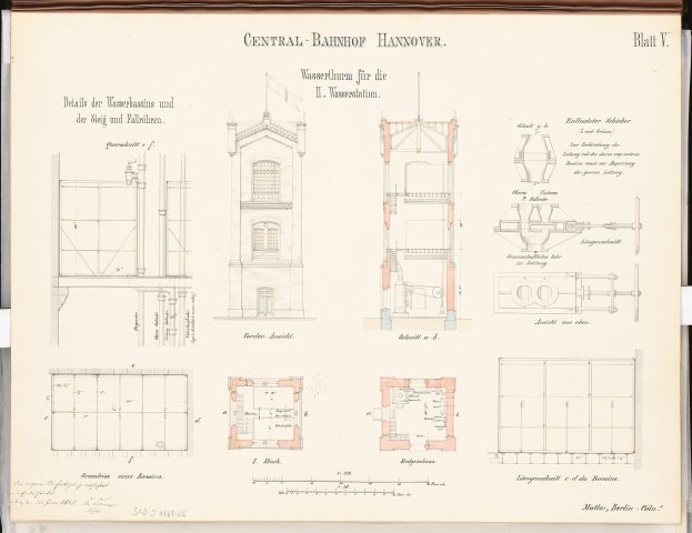 Buchumschlag mit detaillierter architecturaler Zeichnung des Central Bahnhof Hannover-Gebäudes, einschließlich Fenstern, Türen und anderen strukturellen Elementen, mit begleitendem Text über seine Gestaltung.