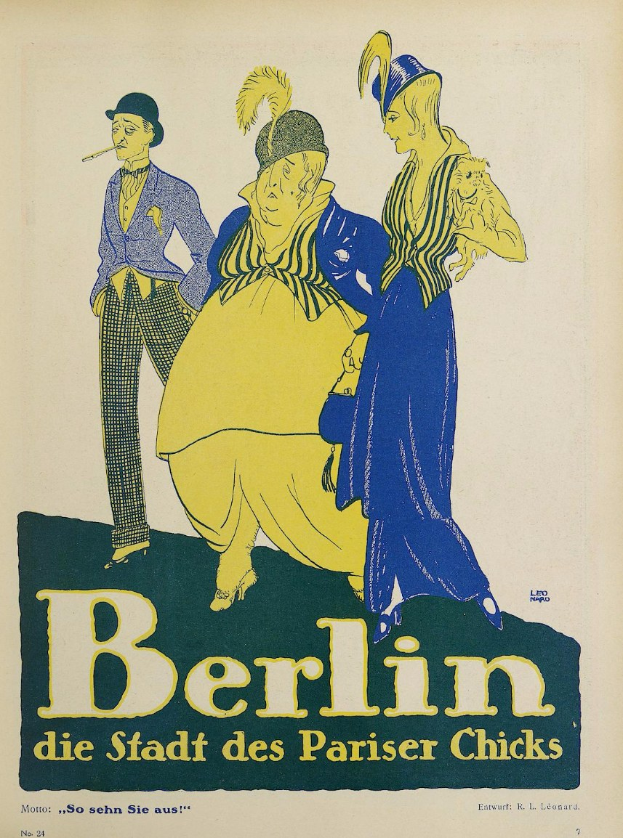Plakat für ein Konzert in Berlin, Deutschland, das eine Gruppe farbig gekleideter Menschen vor einem Gebäude zeigt, mit dem Text "Berlin - Die Stadt der Pariser Chicks" oben.