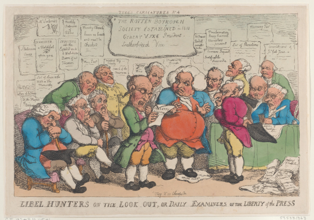 Eine Gruppe von Menschen sitzt um einen Tisch, einer hält ein Papier, mit verstreuten Dokumenten und Gegenständen auf dem Tisch und Text unten, der "Libel Hunters on the Look Out, or Daily Examiners of the Liberty of the Press." lautet.