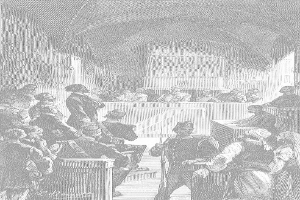 Schwarze und weiße Gerichtsszene mit dem Titel "Der Prozess gegen Thomas Jefferson", die einen Mann mit einer Waffe vor einer Menge auf Bänken und auf dem Boden sitzend und stehend zeigt.