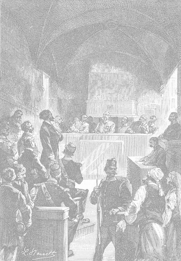 Schwarze und weiße Gerichtsszene mit dem Titel "Der Prozess gegen Thomas Jefferson", die einen Mann mit einer Waffe vor einer Menge auf Bänken und auf dem Boden sitzend und stehend zeigt.