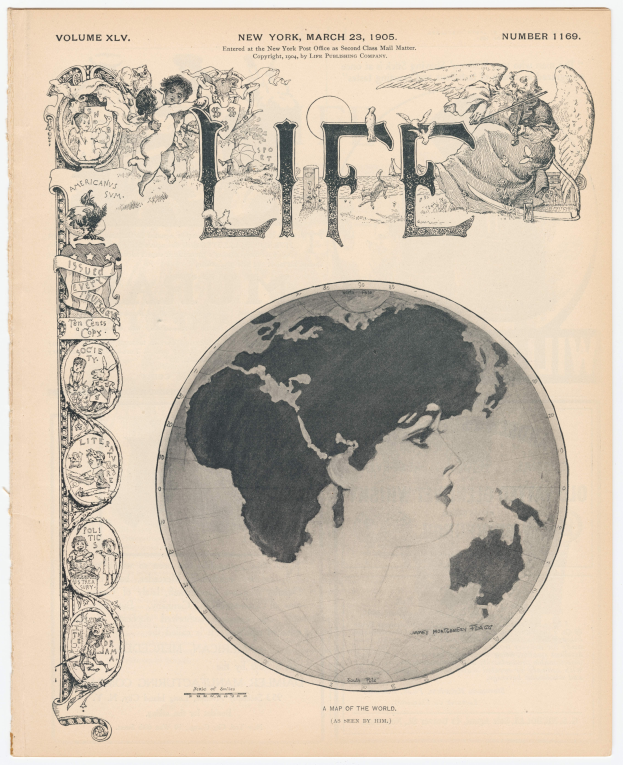 Ein altes Buch mit dem Titel "Life Magazine, 23. März 1905" mit einer Zeichnung einer Frau in einem weißen Kleid und einem blauen Schultertuch auf dem Cover.
