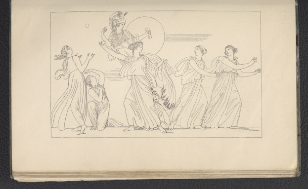 Ein Buchumschlag mit einer leuchtenden Illustration einer Gruppe tanzender Frauen in dynamischen, synchronisierten Posen, mit detaillierten Kleidungsstücken und Gesichtern.