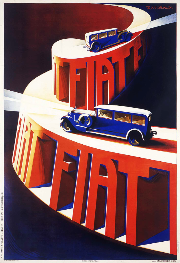 Zwei Fiat-Autos, eines blau und eines rot, auf einem Werbeplakat mit dem 'Fiat'-Logo.