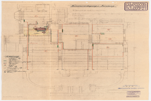 Schwarz-weißer Architekturplan vom Rosenhof-Krankenhaus in Hamburg, Deutschland, zeigt detaillierte Layout mit zahlreichen Drähten, die elektrische oder strukturelle Pläne anzeigen, sowie begleitenden Textanmerkungen.
