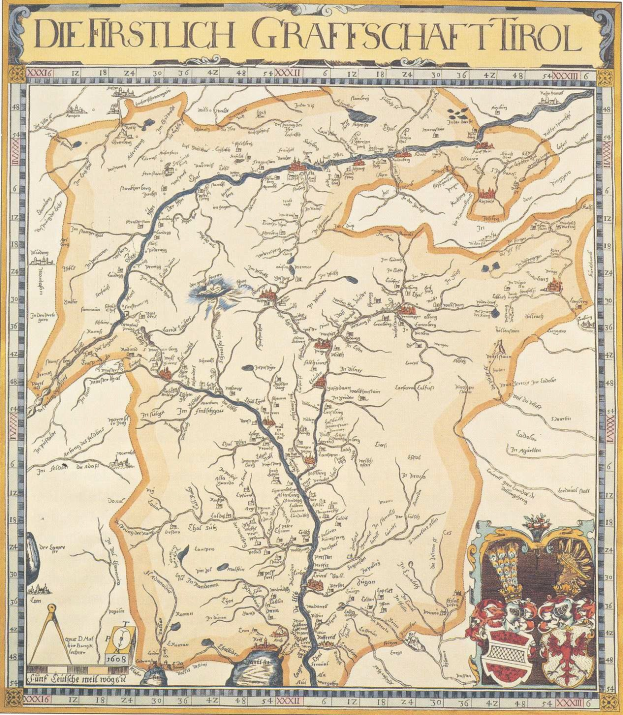 Ausführliches Plakat der ersten deutschen Grafschaft Tirol-Karte, das geografische Merkmale wie Flüsse, Berge und Städte zeigt und von informativem Text begleitet wird.