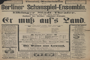 Alte Zeitungsanzeige für das Berliner Schauspiel-Ensemble aus dem Jahr 1866, die einen Mann in Anzug und Krawatte mit Textbeschreibung zeigt.