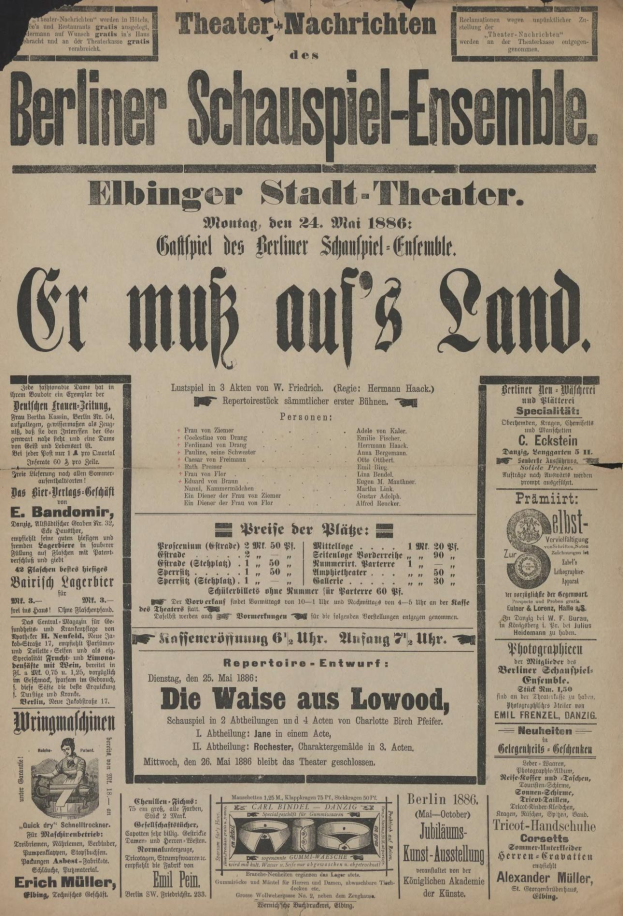 Alte Zeitungsanzeige für das Berliner Schauspiel-Ensemble aus dem Jahr 1866, die einen Mann in Anzug und Krawatte mit Textbeschreibung zeigt.