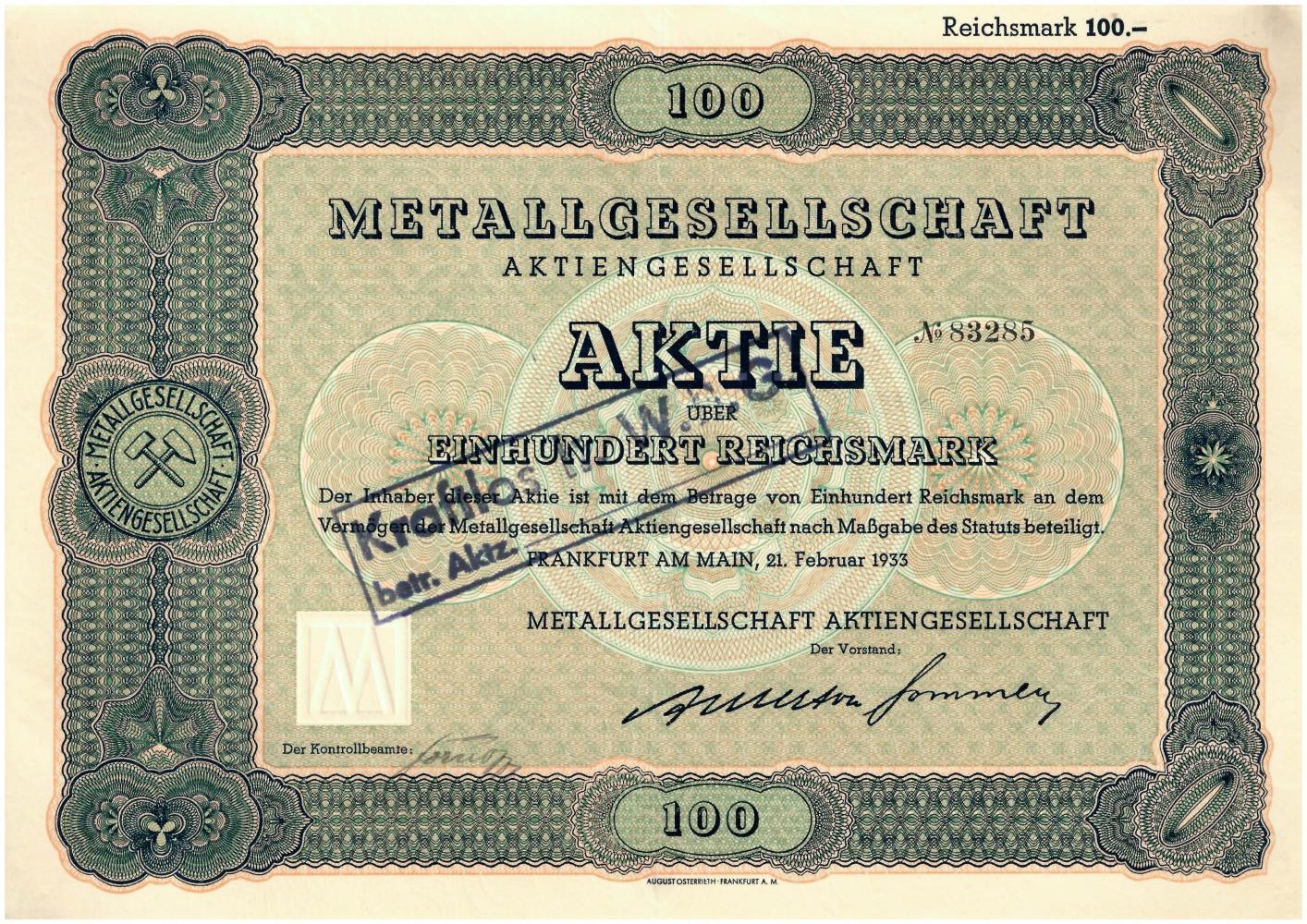 Alte deutsche 100 Reichsmark-Banknote von 1933 mit "Metallgesellschaft Aktie" darauf gedruckt.