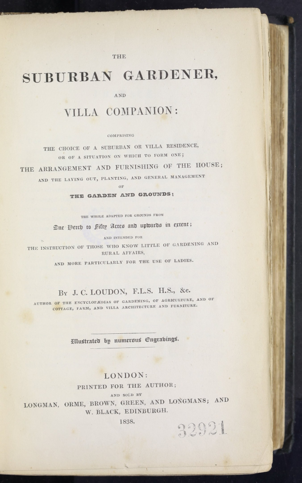 Offenes Buch mit dem Titel "The Suburban Gardener, and Villa Companion" auf dem Cover, wahrscheinlich ein Führer für suburbane Gärten und Villen.