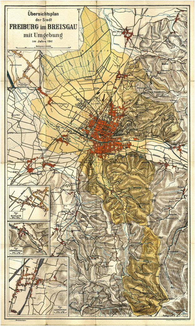 Alte Karte von Freiburg, Deutschland, zeigt Straßen, Gebäude und Sehenswürdigkeiten mit Text oben und unten.