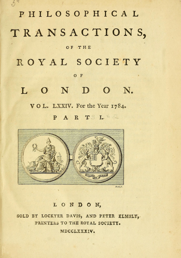 Ein historisches Dokument mit dem Titel "Philosophical Transactions of the Royal Society of London", das Text in fetter Schrift, dekorative Ränder und Illustrationen eines Mannes in Anzug, einer Frau in einem Kleid und eines Mannes mit Hut und Stock auf hellblauem Papier zeigt.