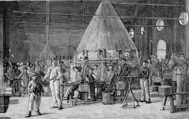 Eine Schwarz-Weiß-Zeichnung einer Gruppe von Menschen, die in einer 19. Jahrhundert-Fabrik arbeiten, wobei einige Werkzeuge halten und verschiedene Gegenstände herumliegen, und Text unten lesen "19. Jahrhundert Schmiede".