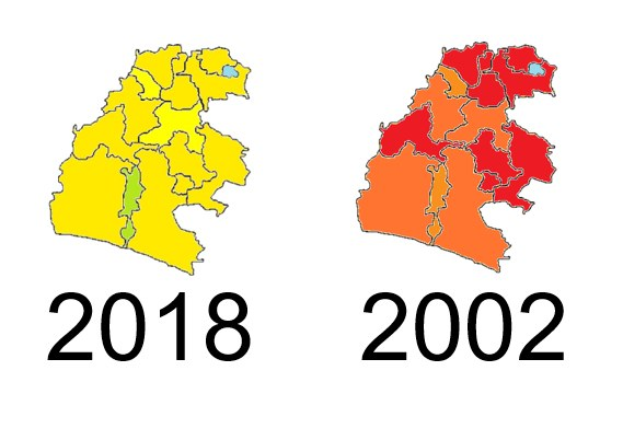 Karte von Deutschland, die die Provinzgrenzen von 2002 in rot, 2018 in gelb und überlappende Bereiche in orange auf einem weißen Hintergrund hervorhebt.