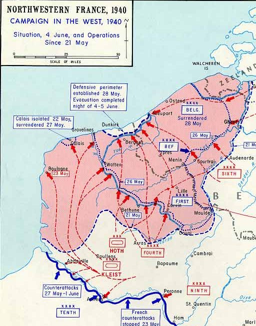 Ein Plakat, das eine detaillierte Karte von Nordfrankreich aus dem 1940er Westfeldzug zeigt, mit Text und Zahlen annotiert.