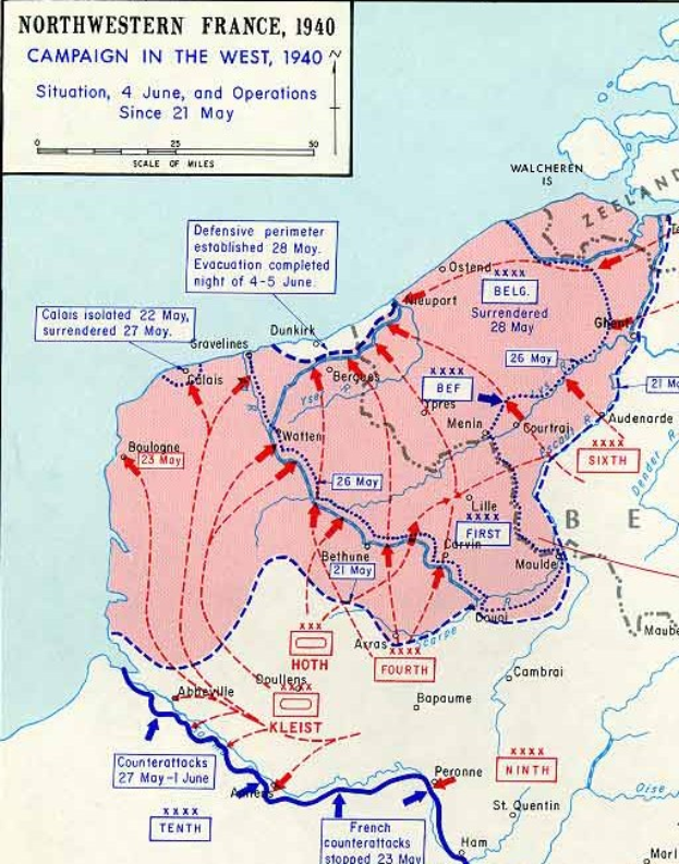 Ein Plakat, das eine detaillierte Karte von Nordfrankreich aus dem 1940er Westfeldzug zeigt, mit Text und Zahlen annotiert.