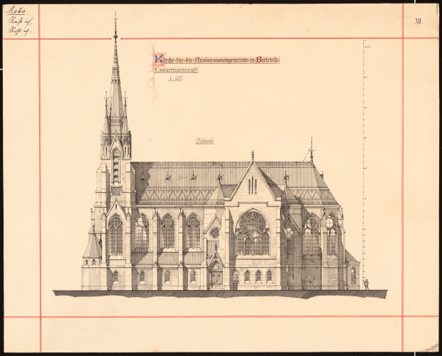 Ein detailliertes Bild des Berliner Heilig-Kreuz-Kirchhofs mit einem Turm und einem Glockenturm auf einem Blatt Papier mit handschriftlichem Text.