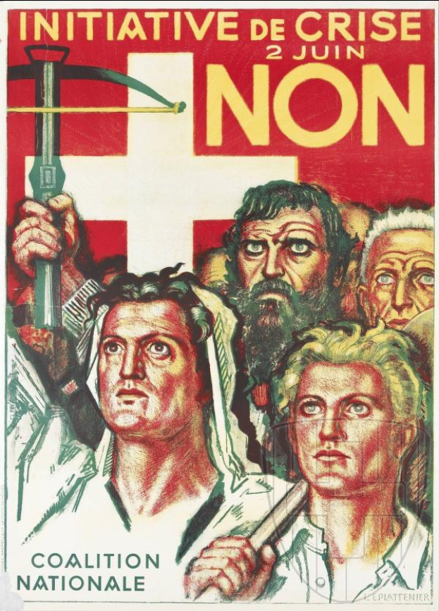 Plakat für die Coalition Nationale, eine nicht-regierungsgebundene Initiative, mit einer Gruppe von Menschen, die einen Hammer und eine Sichel halten, und Text mit organisatorischen Informationen.