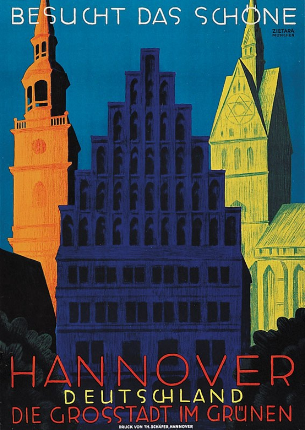 Plakat bewirbt Hannover, Deutschland mit ein paar Gebäuden, Bäumen und Textinformationen über die Stadt.