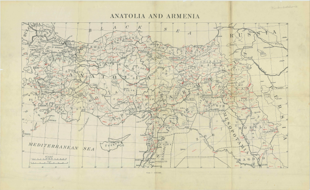 Eine detaillierte Karte von Anatolien und Armenien auf Papier, mit Text und geografischen Merkmalen wie Flüssen, Bergen und Städten versehen.
